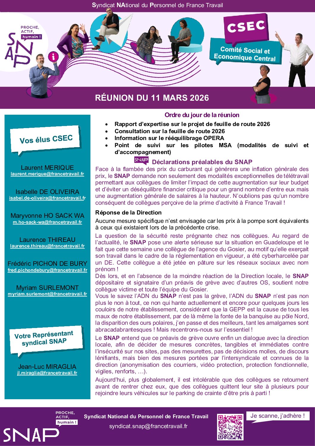 L'information des élus SNAP suite au CSEC du 11 MARS 2026