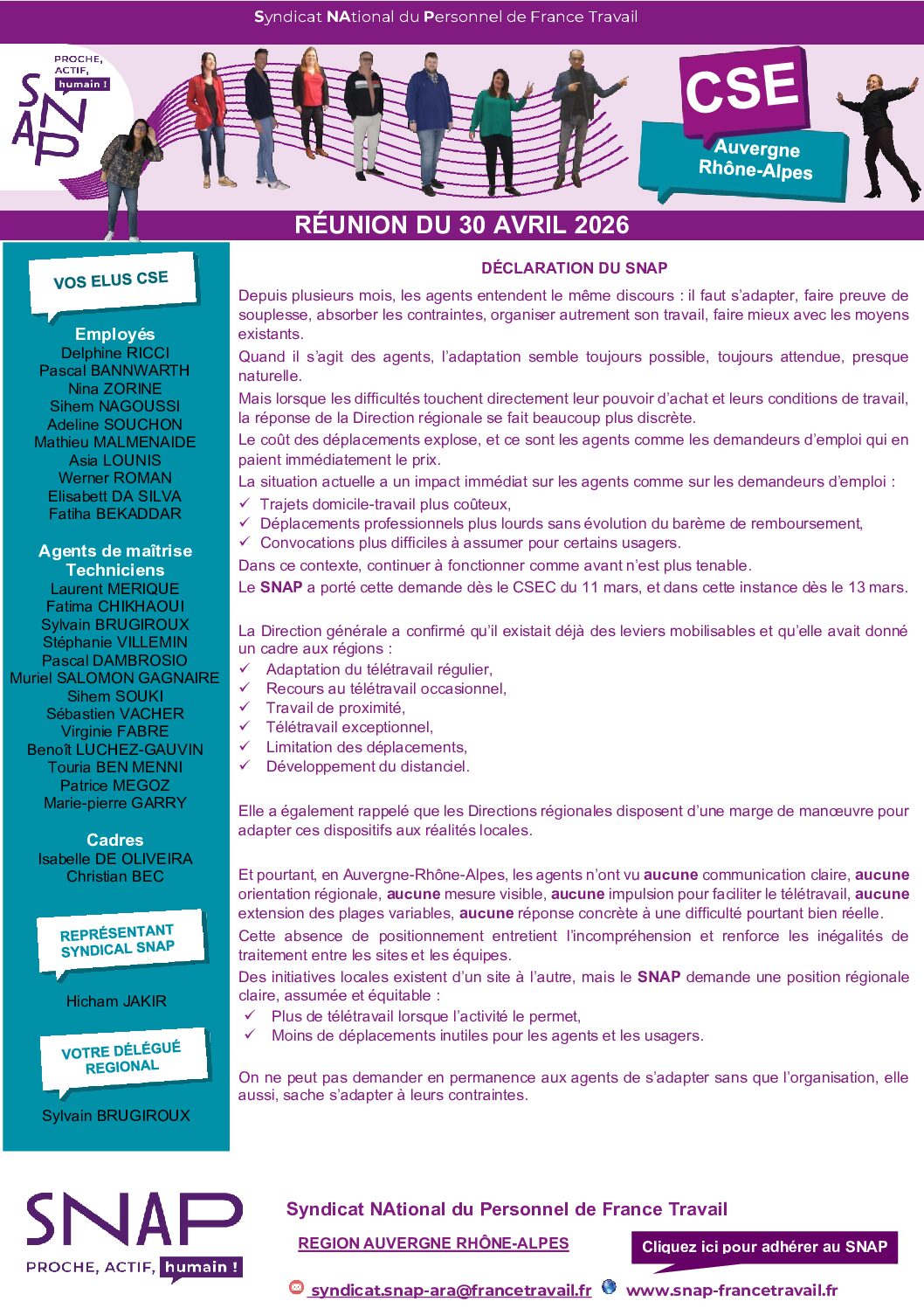 L'info de vos élus SNAP au CSE 30 avril 2026