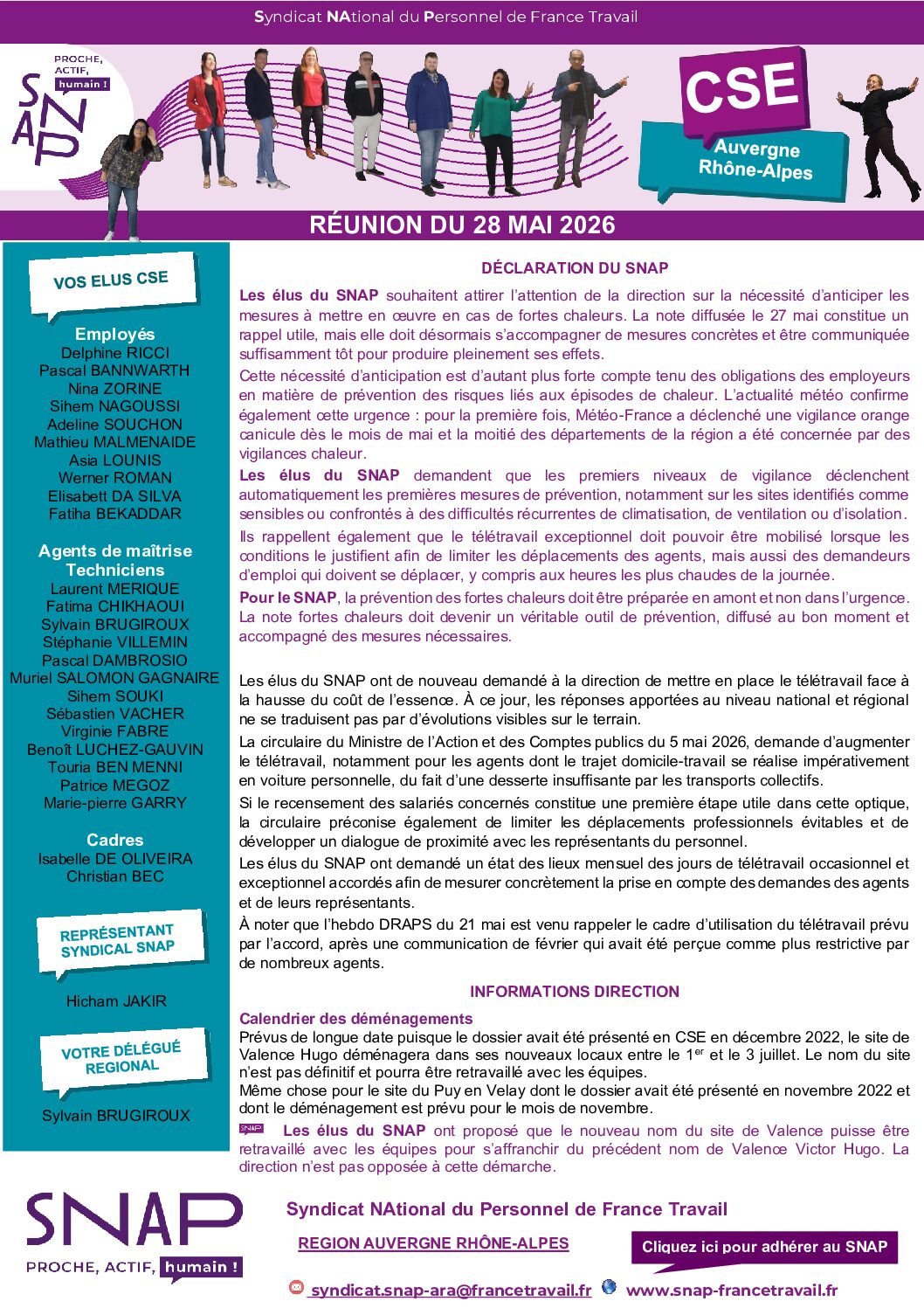 L'info de vos élus SNAP au CSE du 28 mai 2026