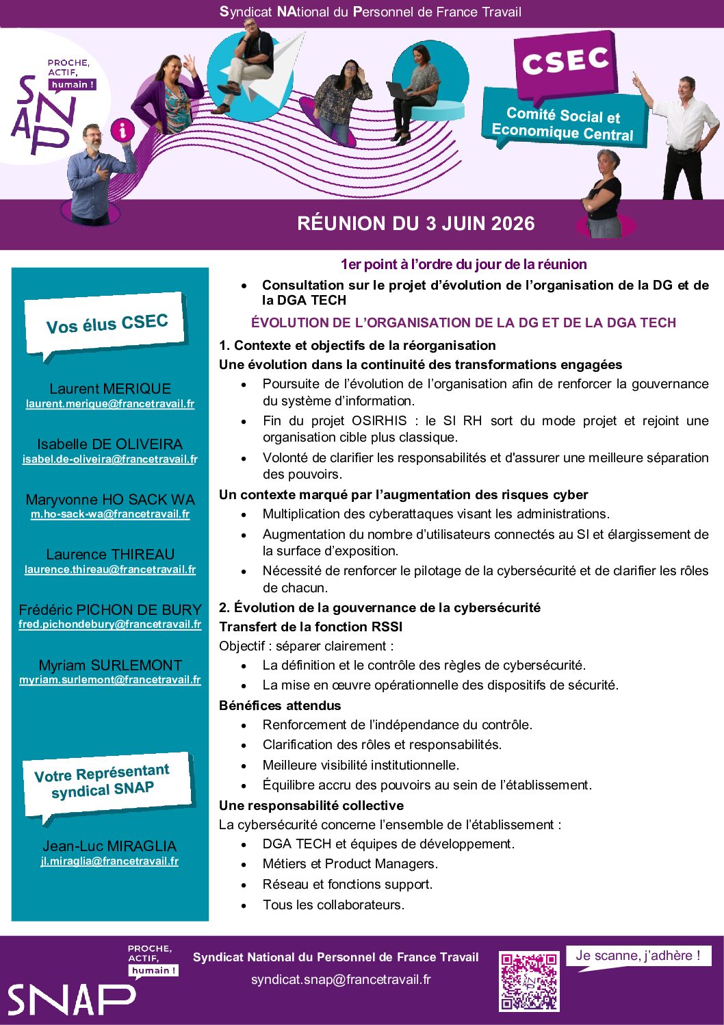 L'information des élus SNAP suite au CSEC du 3 juin 2026 - Réorganisation DG - DGA TECH