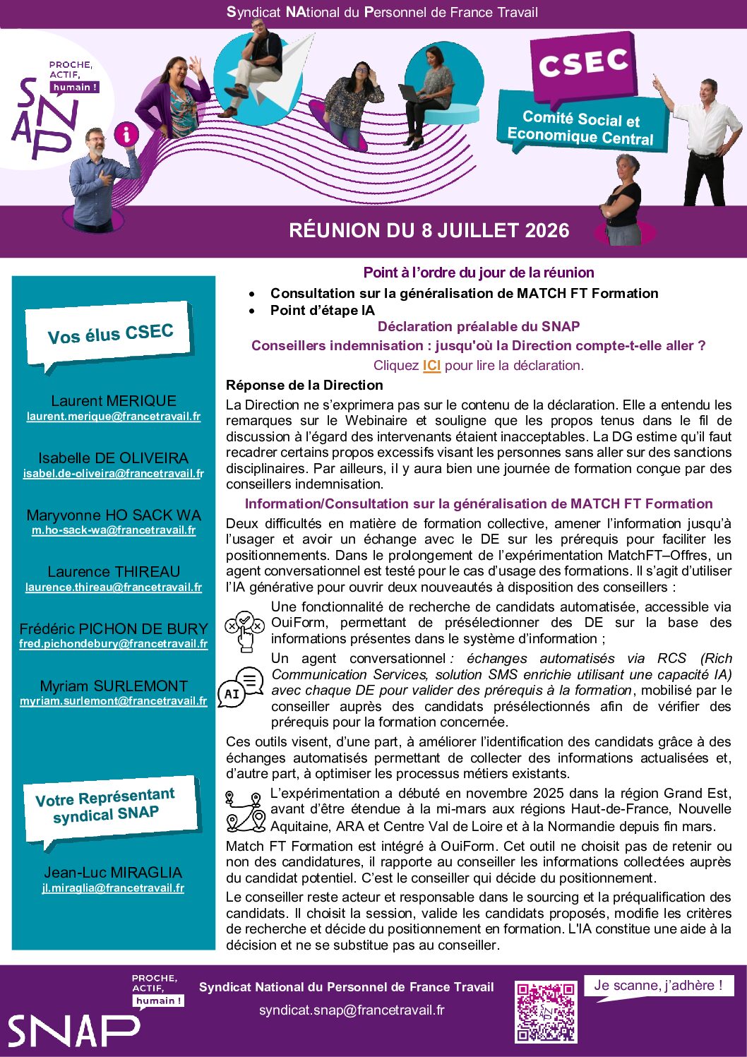 L'information des élus SNAP suite au CSEC du 8 juillet 2026