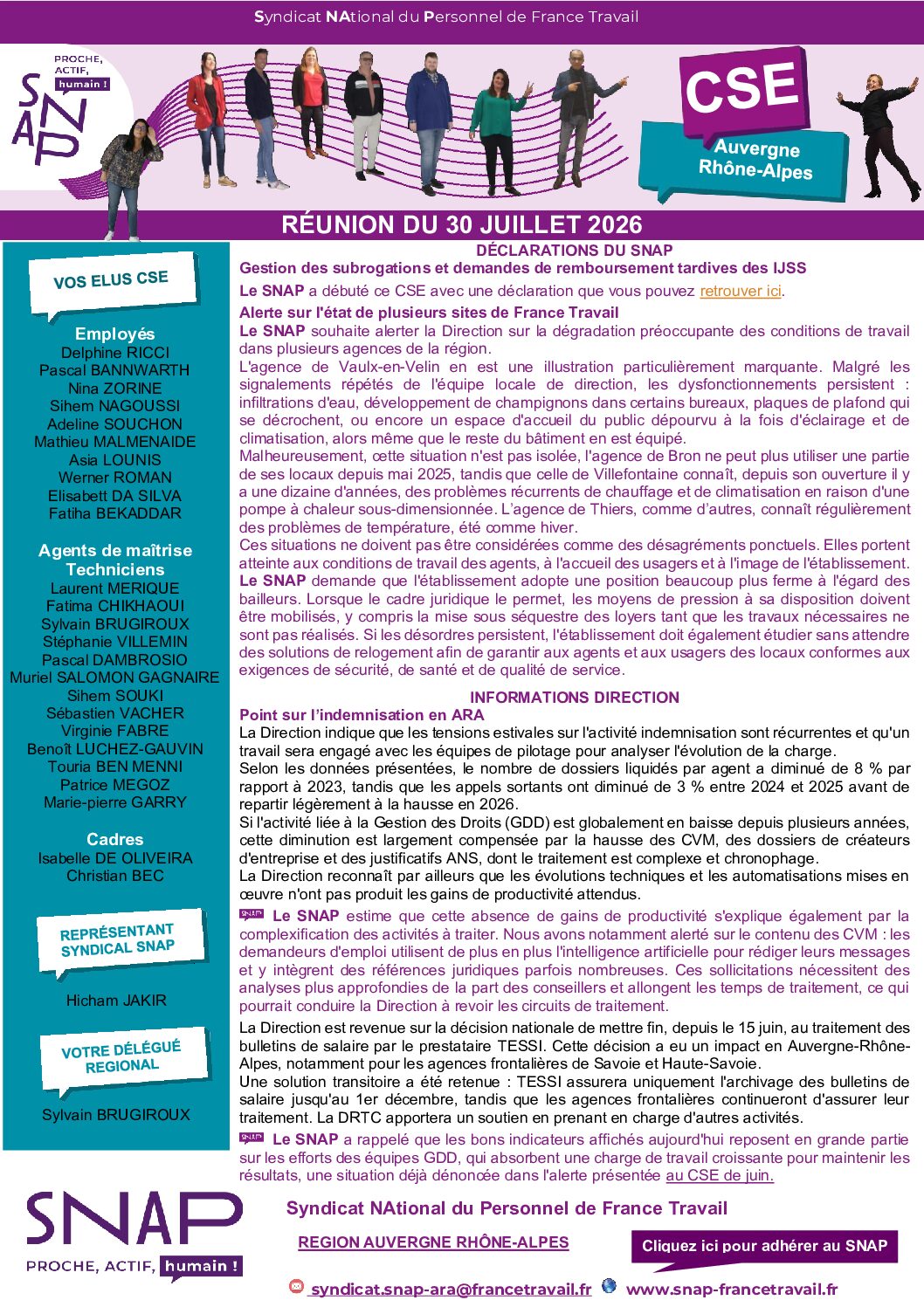 L'info de vos élus SNAP au CSE du 30 juillet 2026