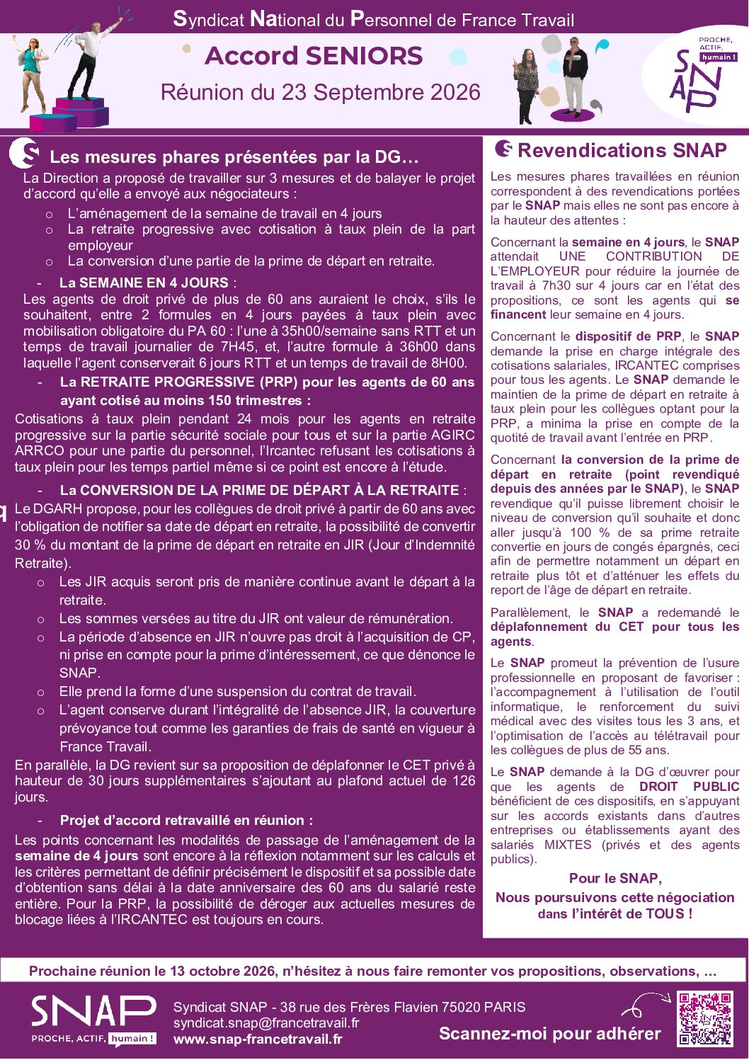 Accord SENIORS réunion du 23 Sept 2026 le SNAP vous informe.._