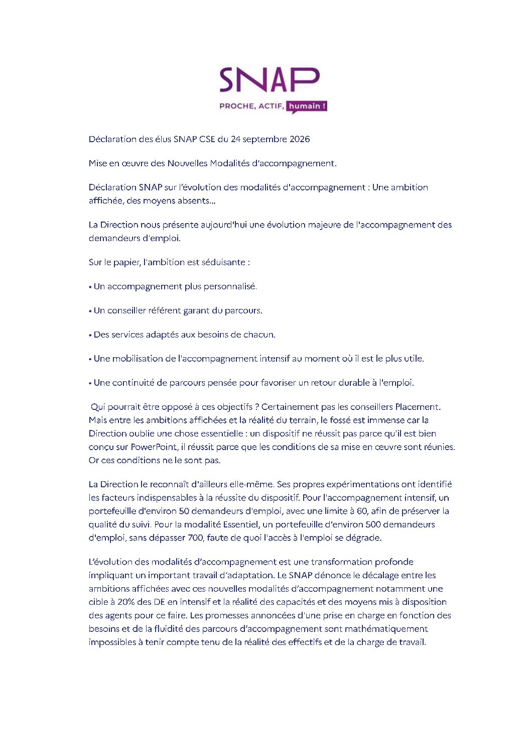 Déclaration des élus SNAP CSE du 24 septembre 2026 NMA SNAP équipe
