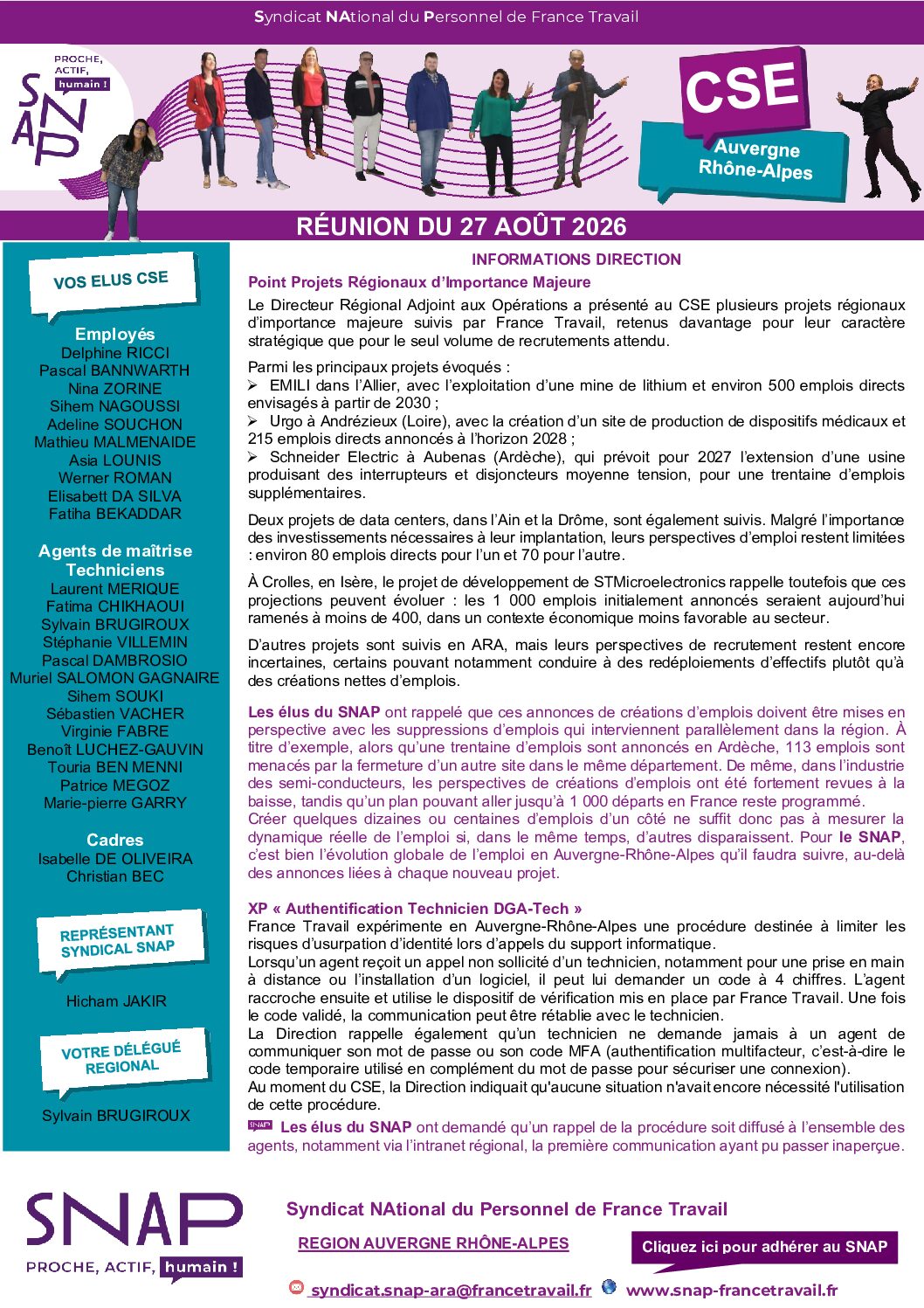 L'info de vos élus SNAP au CSE du 27 aout 2026