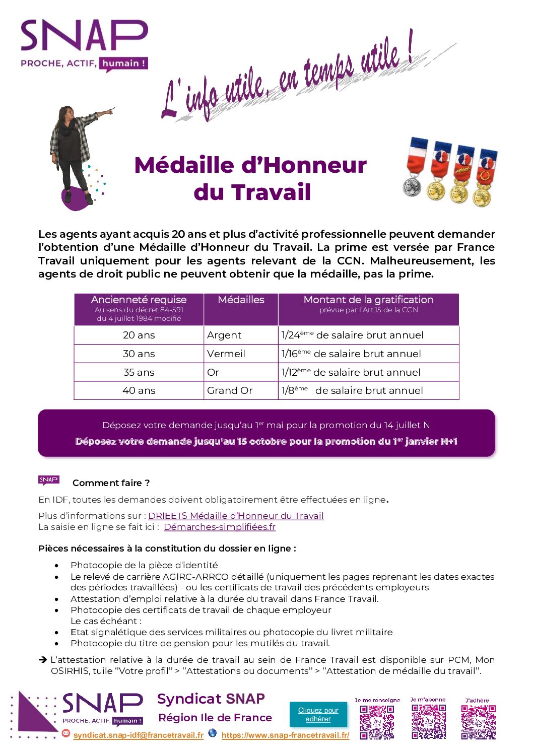 SNAP IDF - Médaille du travail - Promotion janvier 2027 - Plus que quelques jours